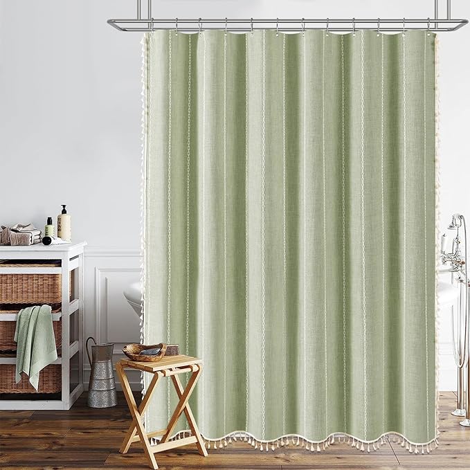 BTTN Boho Long Shower Curtain, 72x78 Inch Long Linen Thick Fabric Shower Curtain Set with Plastic Hooks, Tall Modern Farmhouse Country Neutral Textured Cloth Shower Curtains for Bathroom - Sage Green