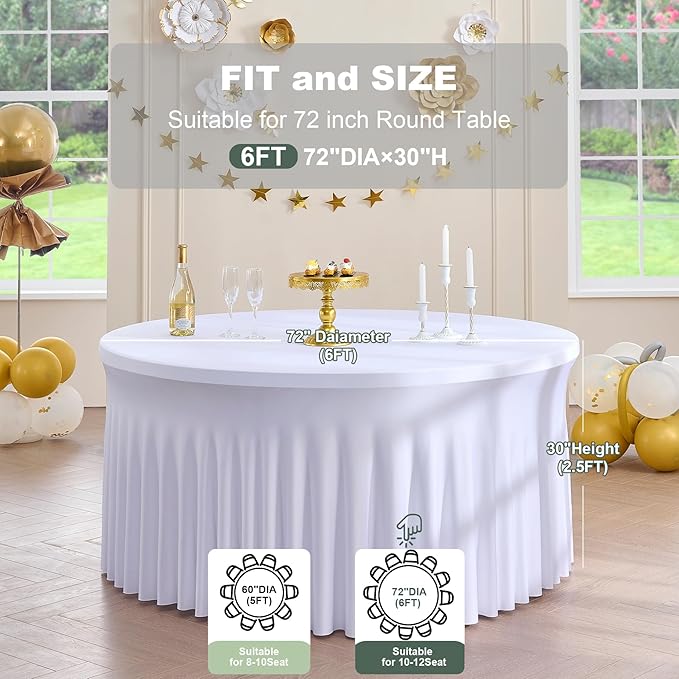 Outpain 6 Pack 72inch/6FT Spandex White Round Tablecloth, Stretchy 132inch Fitted 6FT Round Table Cloths, Wrinkle Free Table Cover with Skirt for Wedding Party Dining Banquet