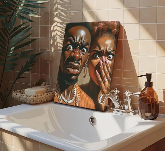 JASMIE Funny African American Bathroom Canvas Wall Art Humor Afrocentric Black Couple Unpleasant Smell Cover Nose Painting Pictures Wall Decor Print Artwork for Washroom Toilet Home Decoration