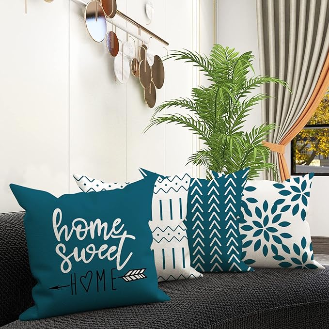 YCOLL Pillow Covers 20x20 Set of 4, Modern Sofa Throw Pillow Cover, Decorative Outdoor Linen Fabric Pillow Case for Couch Bed Car,Teal