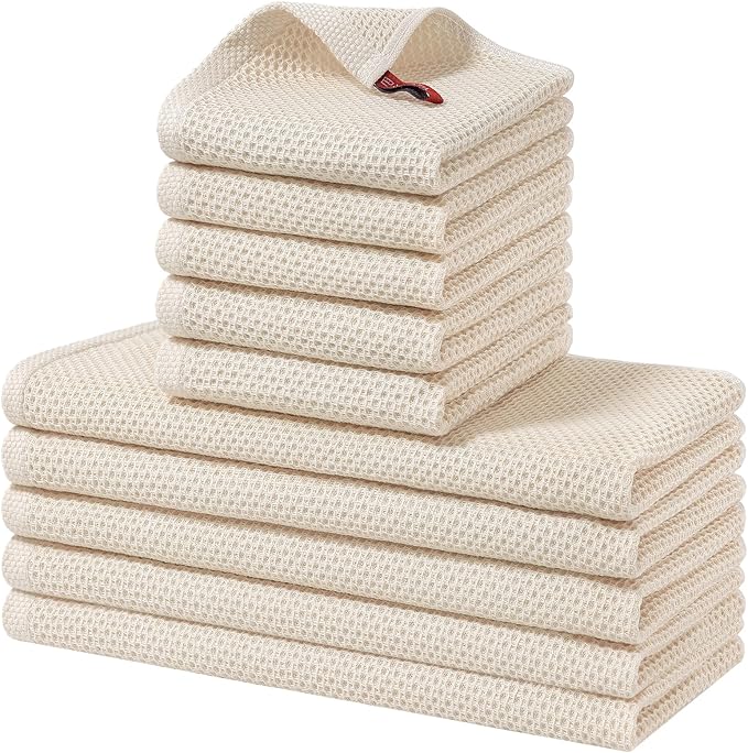 Homaxy 100% Cotton Kitchen Towels and Dishcloths Set, 12 x 12 Inches and 13 x 28 Inches, Set of 10 Bulk Kitchen Towels Set, Ultra Soft Absorbent Dish Cloths for Washing Dishes, Beige