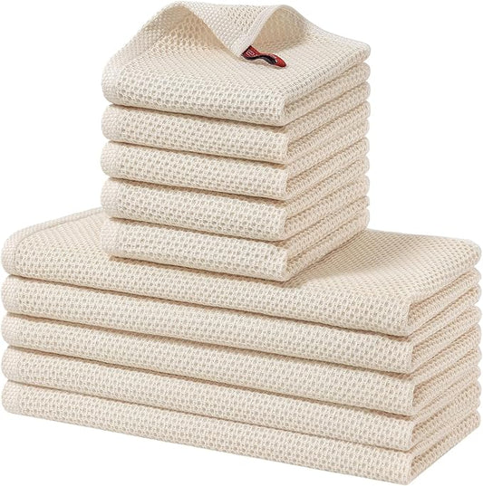 Homaxy 100% Cotton Kitchen Towels and Dishcloths Set, 12 x 12 Inches and 13 x 28 Inches, Set of 10 Bulk Kitchen Towels Set, Ultra Soft Absorbent Dish Cloths for Washing Dishes, Beige