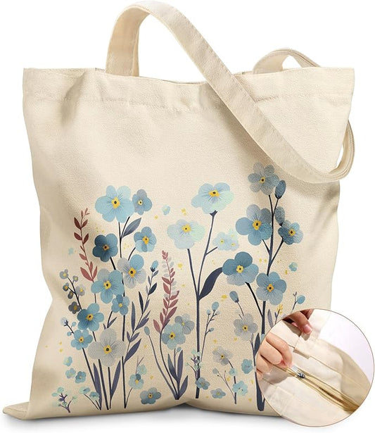 Canvas Tote Bag for Women – Aesthetic Canvas Bag with Zipper Cute Stylish Reusable Shoulder Totes for Shopping Work Daily Vacation, Blue Flowers