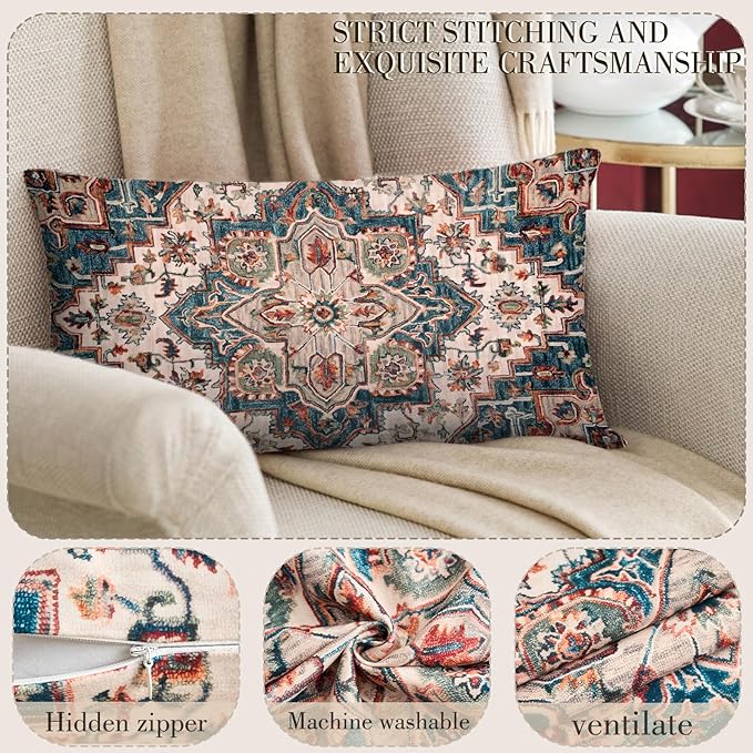 Boho Throw Pillow Covers 12x20 inch Set of 2,Boho Vintage Carpet Pattern Antique Ethnic Decor Double Sided Pattern Cushion Cover Soft Pillow Case Living Sofa Room Bed Square Pillow Cover