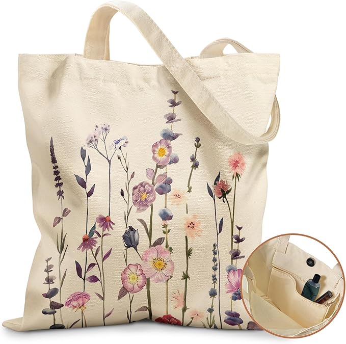 Aesthetic Tote Bag for Girls - with Magnetic Buckle and Zipper Inner Pocket for Women Lady Canvas Cotton Tote Bag