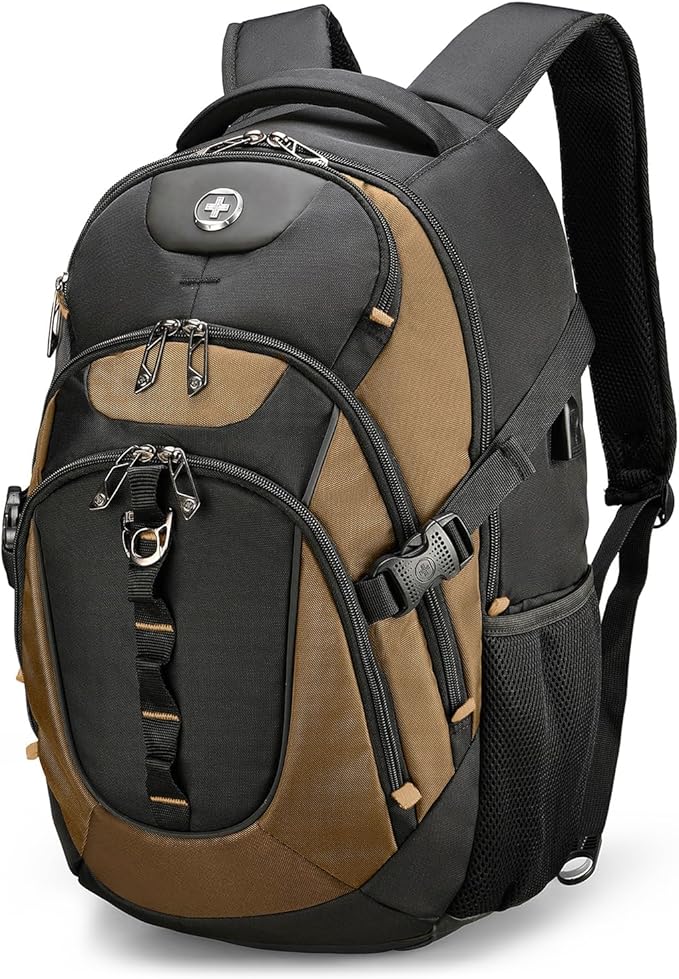 Swissdigital Design Laptop Backpack with USB Charging Port, Travel Backpack Fits 15.6 inches Computer, 31L College School Backpack for Men, Tan/Black | SD803