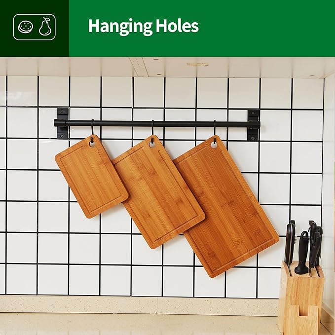 Bamboo cutting boards for home and kitchen,chopping board with juice groove,hanging hole and handles,for charcuterie,meat,bread,cheese,fruit and vegetables,carbonized bamboo, Set of 3(S+M+L)