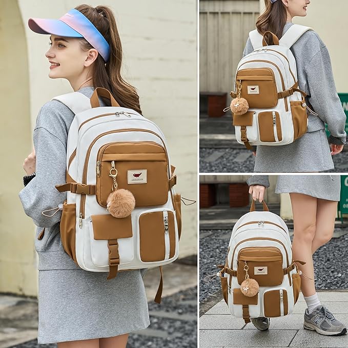 Laptop Backpack 15.6 Inch Kids Elementary Middle High School Bag College Backpacks Anti Theft Travel Back Pack Large Bookbags for Teens Girls Women Students (Beige Khaki)