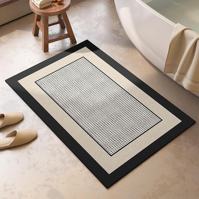 Non Slip Thin Bath Mat Bathroom Rugs, Rubber Backing Ultra Thin Bathroom Rug Fit Under Door, Quick Dry Super Absorbent Washable Shower Bath Mats, Beige 20x32