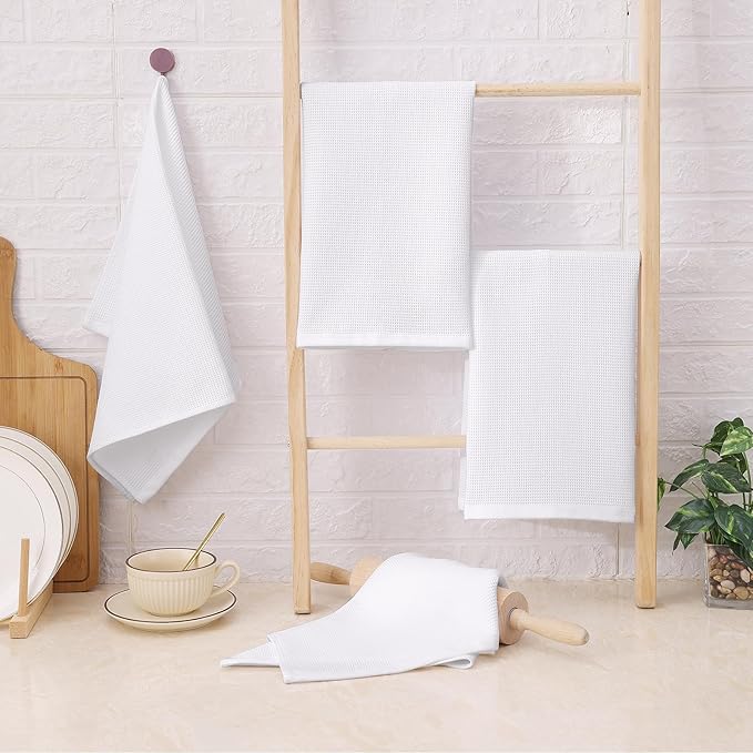 Homaxy 100% Cotton Waffle Weave Kitchen Towels - 8 Pack Soft and Absorbent Dish Towels - 16 x 26 Inches Quick Dry Hand Towels - White