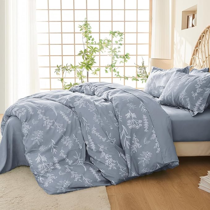 MUXHOMO Duvet Cover Queen Size, Reversible Floral Grey Duvet Cover Set with Zipper Closure, 3 Pieces Botanical Patterns Soft Microfiber Bedding Set with 4 Ties (90"x90", 2 Pillow Cases)