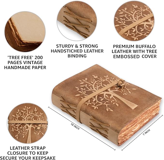 LEATHER VILLAGE Tree of Life Journal - 10 X 7 inches - Brown - 200 Antique Deckle Edge Handmade Paper – Book of Shadows - Vintage Leather Bound Journal for Women & Men