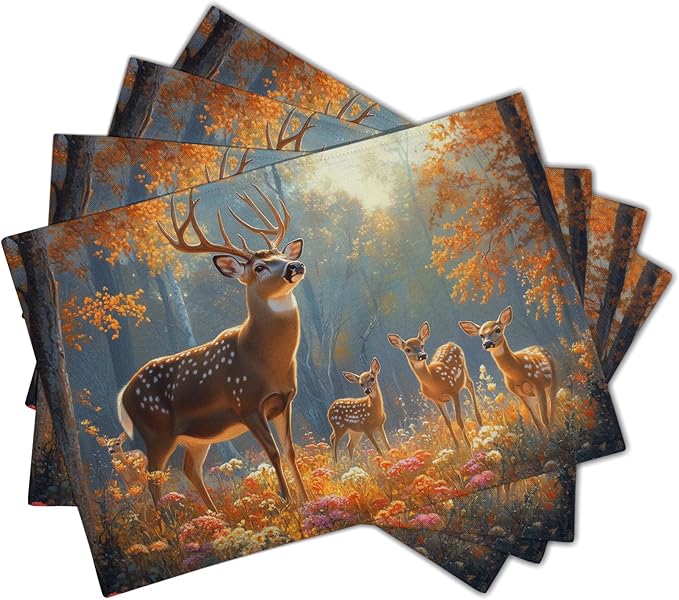 Giwawa Fall Deer Placemats Set of 4, 12"x18" Autumn Forest Trees Moose Linen Place Mat, Woodland Wildlife Washable Non-Slip Table Mats for Kitchen Dining Party Picnic Indoor Outdoor Decor