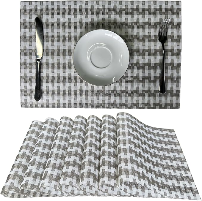 Placemat,Blending Color Durable Woven Vinyl Placemat Washable Heat-Resistant Anti-Skid Kitchen Dining Table Mats (Set of 8, Silver White)