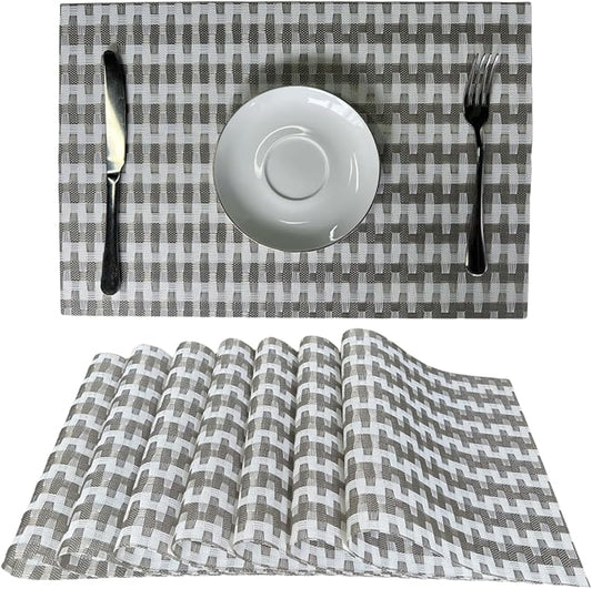 Placemat,Blending Color Durable Woven Vinyl Placemat Washable Heat-Resistant Anti-Skid Kitchen Dining Table Mats (Set of 8, Silver White)