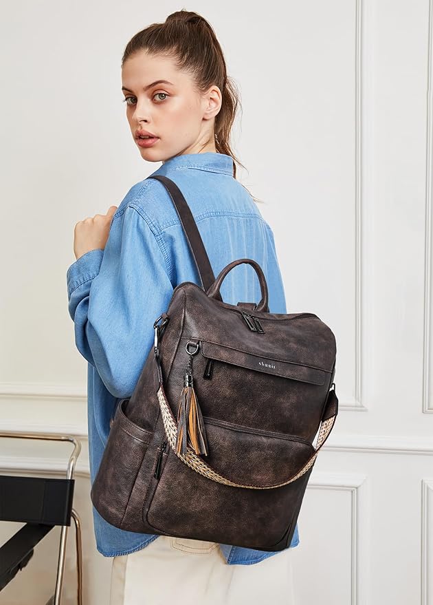 Shrrie Vegan Leather Laptop Backpack for Women 15.6 inch Work Backpack Fashion Travel Backpack Purse for Travel College Work