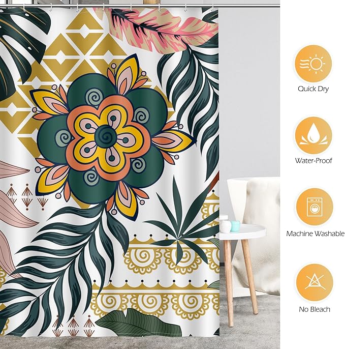 Aimego Boho Abstract Shower Curtains - Mid Century Modern Floral Bohemian Minimalist Flowers Tropical Botanical Bath Shower Curtain Set with 12 Hooks for Adults Bathroom Decor Accessories, 72"x72"