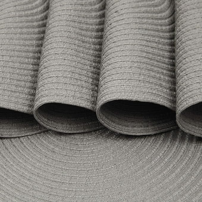 SHACOS Round Braided Placemats Set of 6 Thick Fabric Circle Grey Place Mats Woven Table Mats for Dining Tables 15 inch (Gray, 6)