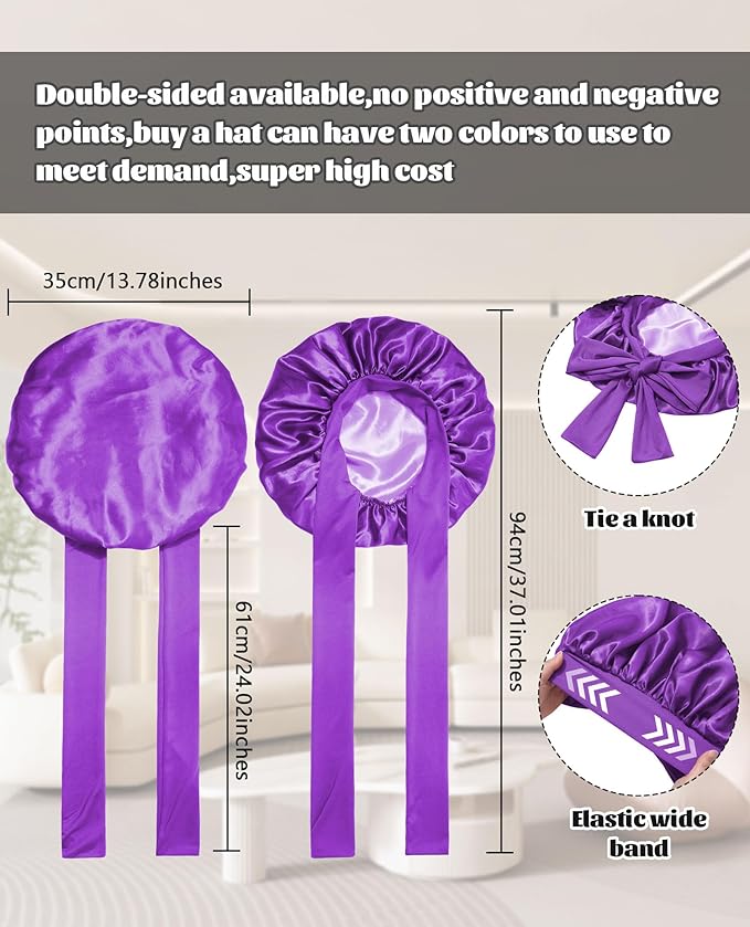 Satin Bonnet Silk Bonnet for Sleeping Silk Sleep Cap Double Layer Hair Bonnet with Elastic Tie Band for Curly Hair Night Cap (Dark Purple+Light Purple)