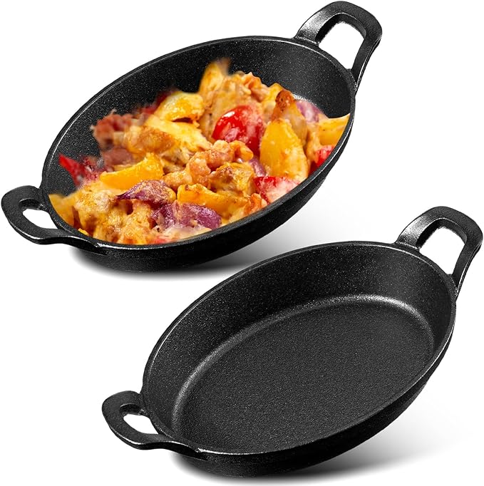 Mifoci 2 Pcs Oval Serving Dish Mini Cast Iron Skillet Cast Iron Baking Pan Sizzling Plate Matte Black Gratin Cookware for Home Restaurant Kitchen Food Service Barbecue (10.8" X 6.1")