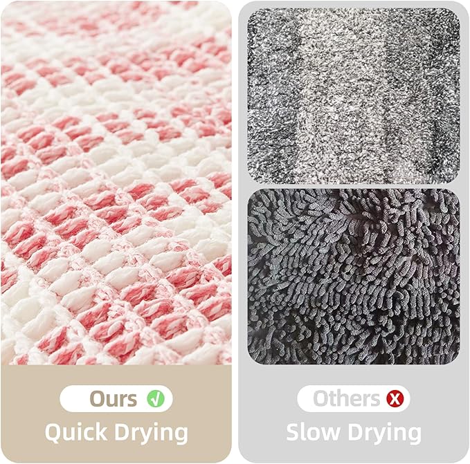 Waffle Runner Rug Bathroom, Long Boho Bathroom Rugs Non Slip Washable Absorbent Checkered Bathroom Mat Quick Dry Cute Bath Mat, 72"x24" Pink and White