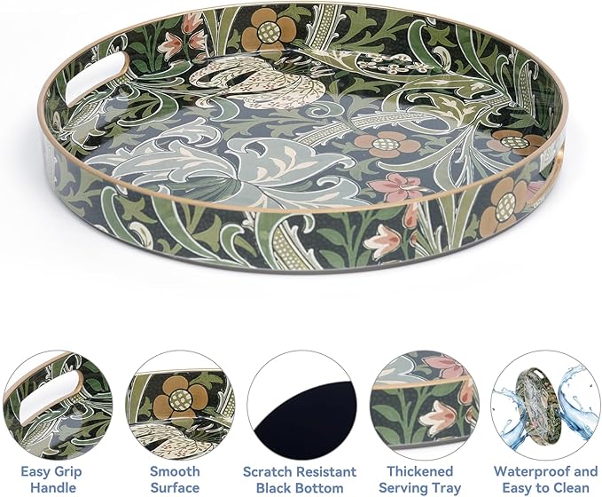 Round Coffee Table Trays, Serving Tray with Handles for Ottoman Coffee Table, Large Tray for Living Room Modern