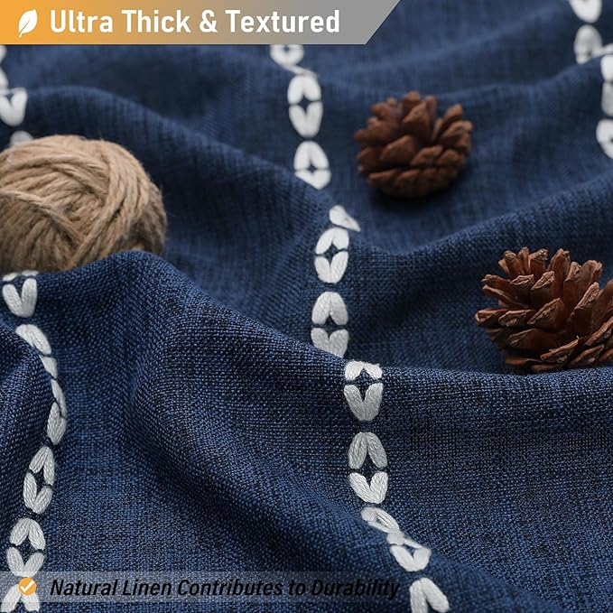 BTTN Boho Shower Stall Curtain - 36x72 Narrow Linen Ultra Thick Striped Tassel Fabric Shower Curtain Set with 6 Hooks, Half Modern Farmhouse Cottage Weighted Shower Curtains for Bathroom - Navy Blue