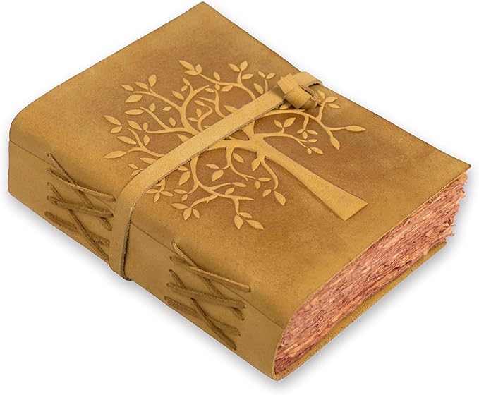 LEATHER VILLAGE Tree of Life Journal - 6 X 4 (A6) inches - Sun Tan - 200 Antique Deckle Edge Handmade Paper – Book of Shadows - Vintage Leather Bound Journal for Women & Men