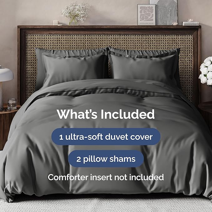 Duvet Cover Queen Size Set - Extra Soft Queen Size Duvet Cover 90 x 90 with 2 Pillow Shams - Hotel Luxury Easy Care and Fade Free w/Zipper Closures & Ties - Comfy Breathable Bedding Set (Charcoal)