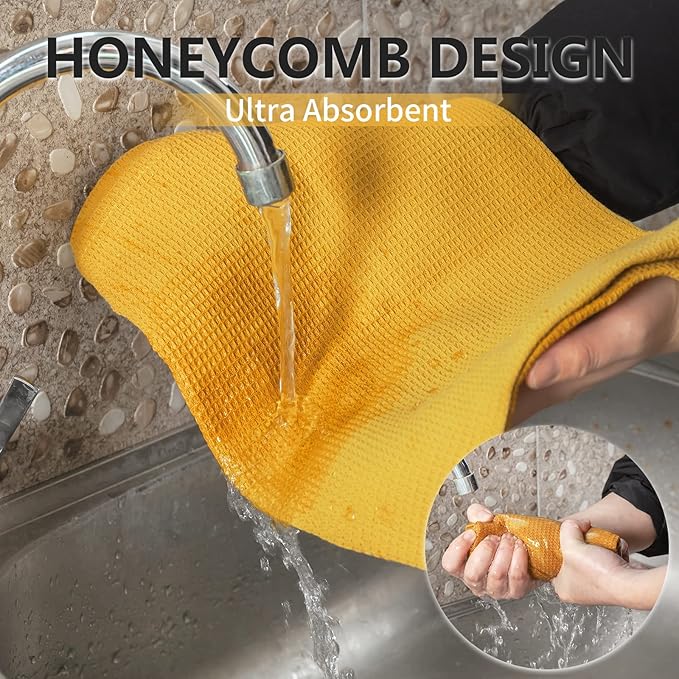 QUILTINA Dish Towels Set,100% Cotton Waffle Weave Kitchen Towels 6 Pack,17 x 25 Inches Dish Towels for Kitchen,Super Absorbent for Drying and Cleaning (Mustard Yellow)