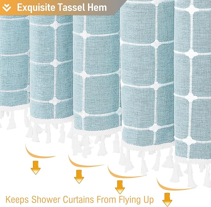 BTTN Boho Farmhouse Shower Curtain - Linen Rustic Heavy Duty Fabric Shower Curtain Set with Tassel, Water Repellent, Bohemian Vintage Country Thick Cloth Shower Curtains for Bathroom, Fog Blue, 72x72
