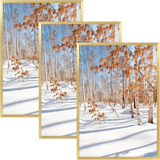 Golden State Art, A3 Aluminum Picture Frame, Gold Metal Thin Poster Frames for 11.7x16.5 inch Photo, Acrylic Front, Wall Hook for Horizontal or Vertical Display, 3 Pack