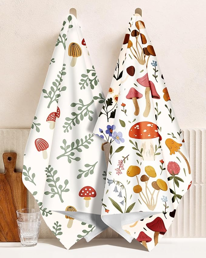 Microfiber Kitchen Towels - Set of 2 Dish Towels for Kitchen 18 x 26 Inch Home Decoration Mushroom Leaf Cute Spring Hand Towels Soft & Absorbent Aesthetic Design