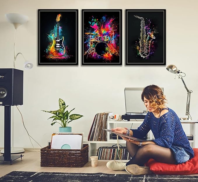 3pcs Musical Instrument Graffiti Canvas Wall Art Pop Music Instrument Style Posters Prints Rock Electric Guitar Jazz Drum Wall Decor Pictures for Living Room Bedroom Home Decoration Unframed