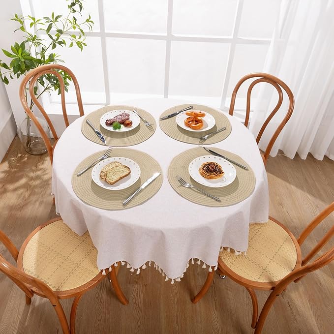 SHACOS 15 inch Round Braided Placemats Set of 6 Non Slip Heat Resistant Round Table Mats Fabric Place Mats for Dinner Party Table Decoration (Light Beige, 6)