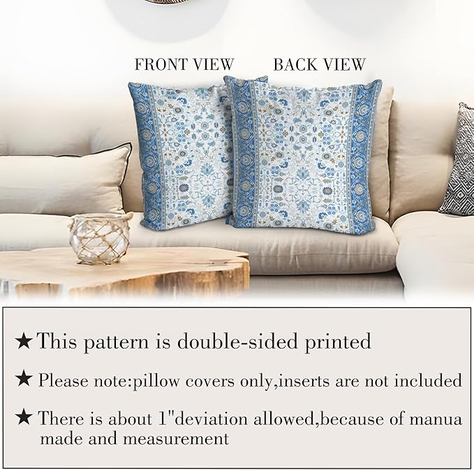 Boho Floral Throw Pillow Covers 20x20 inch Set of 2,Blue Boho Rug Geometric Floral Pattern Decor Double Sided Pattern Cushion Cover Soft Pillow Case Living Sofa Room Bed Square Pillow Cover