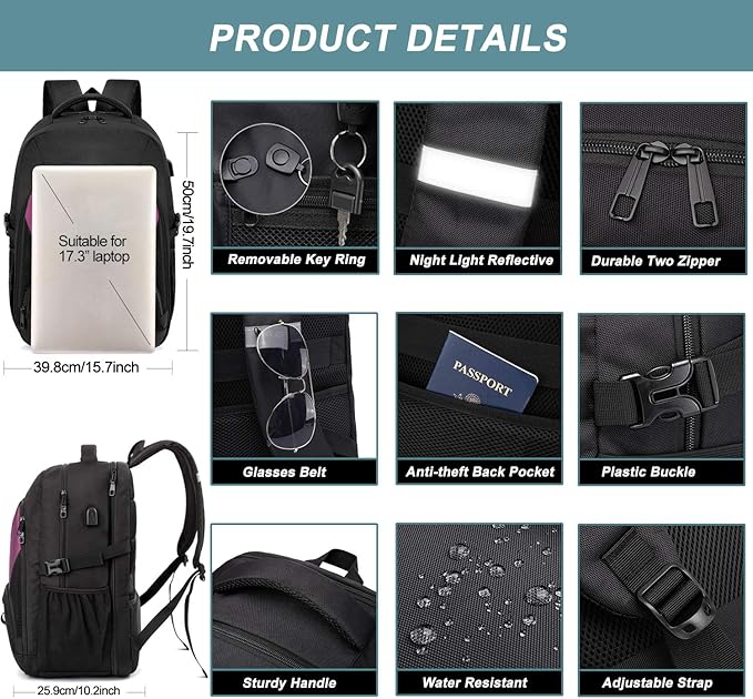 Business Laptop Backpacks for Women Girls,Men Extra Large Travel Backpack with USB Charging Port,TSA Anti Theft Durable Water Resistant College School Computer Bag Fits 17.3'' Laptop Notebook,Purple