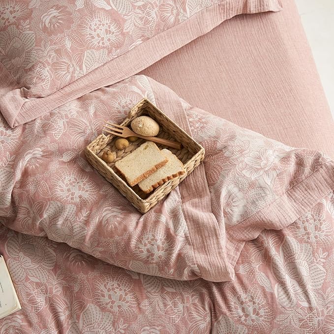 mixinni Duvet Cover Queen, Premium Cotton Double-Layer Yarn Pink Floral Jacquard Comforter Cover with Edge Design, Farmhouse Bedding Set with 2 Pillowcases Perfect for Him and Her-Queen Size