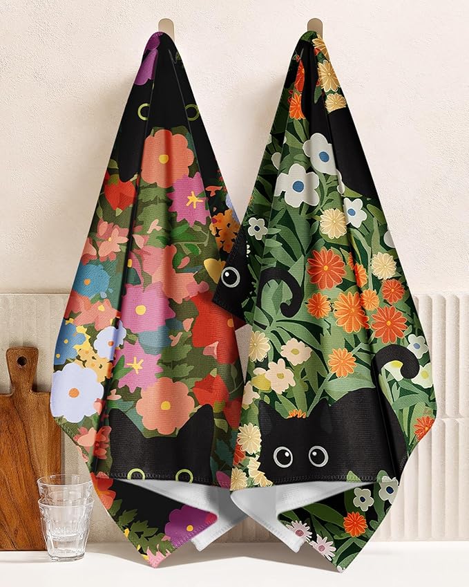 Microfiber Kitchen Towels - Set of 2 Dish Towels for Kitchen 18 x 26 Inch Home Decoration Cat Flower Cute Spring Hand Towels Soft & Absorbent Aesthetic Design
