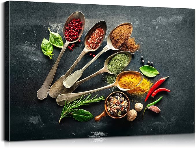 Mistyefly Kitchen Wall Art Canvas Print - Colorful Spice Spoons - 12''Hx18''W - Modern, Contemporary Style - UV Resistant, Waterproof - Kitchen Dining Room Decor
