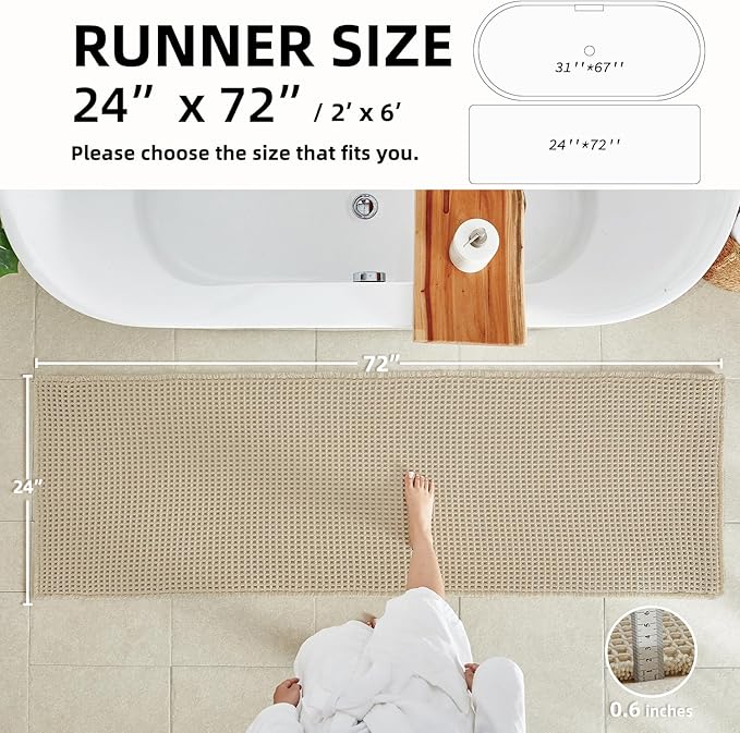 Pale Beige Long Bathroom Rug, Waffle Runner Rug Bathroom Non Slip Washable Super Absorbent Quick Dry Boho Farmhouse Bath Mat, 72''x24'' Pale Beige
