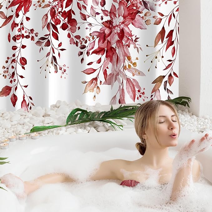 Gibelle Burgundy Red Eucalyptus Shower Curtain, Watercolor Plant Leaves with Floral Bathroom Shower Curtain Set with Hooks, 72x72