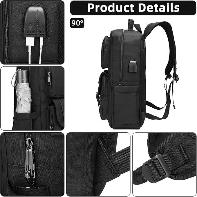 HFSX Laptop Backpack Women Men College Backpacks Bookbag Vintage Backpack Book Bag Fashion Back Pack Anti Theft Travel Backpacks with Charging Port fit 15.6 Inch Laptop Black