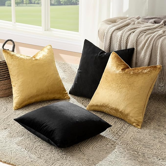 Gold Black Pillow Covers 20x20 Set of 4,Velvet Luxury Couch Throw Pillow Soft Covers Decorative Modern Square Pillows Living Room Vintage Cushion Covers