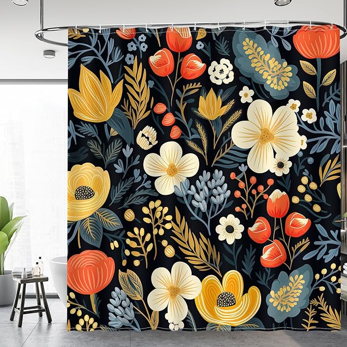 Aimego Black Floral Shower Curtain - Dark Beige Yellow Flowers Plants Boho Chic Colorful Botanical Leaves Fabric Cloth Bath Shower Curtain Set with 12 Hooks for Bathroom Decor Accessories, 72"x72"