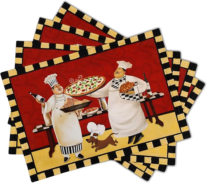 Giwawa Fat Chef Placemats Italian Pizza Bistro Anti-Fatigue Red Wine Linen Table Mat Set of 4 Cooking Food Heat Stain Resistant Place Mats for Dining Kitchen Party Holiday Decoration