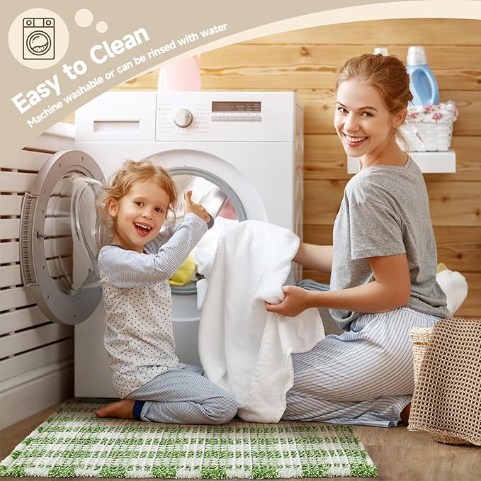 Waffle Bath Mat, Boho Bathroom Rugs Non Slip Washable Absorbent Checkered Bathroom Mat Quick Dry Cute Bath Mat, 36"x24" Green and White