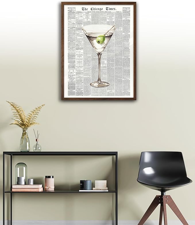 EcoHest Trendy Newspaper Martini Framed Wall Art, 12x16 in Walnut Color OAK Wood Retro Bar Cart Canvas Art, Magazine Aesthetic Apartment Art, Funky 70's Set of 1 for Bedroom Living Room