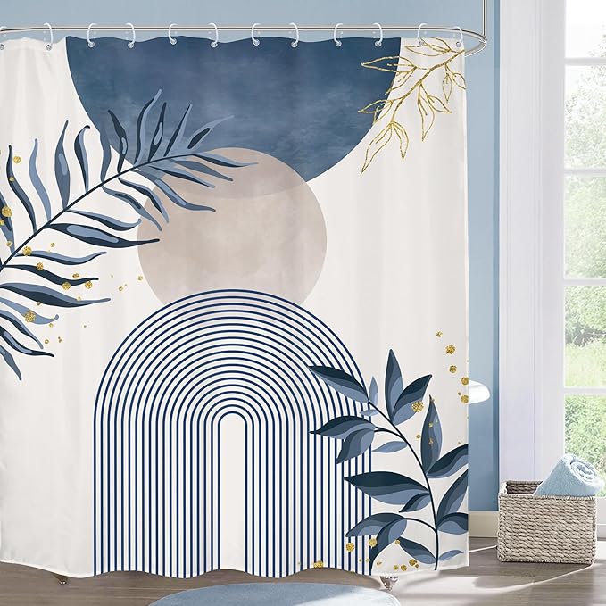 Blue Gray Boho Shower Curtain Dusty Blue Gold Leaves Modern Bohemian Abstract Mid Century Minimalist Grey Plant Bathroom Decor Geometric Arch 60Wx72H Bath Curtain Fabric Polyester 12 Pack Hooks