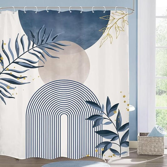 Blue Gray Boho Shower Curtain Dusty Blue Gold Leaves Modern Bohemian Abstract Mid Century Minimalist Grey Plant Bathroom Decor Geometric Arch 60Wx72H Bath Curtain Fabric Polyester 12 Pack Hooks